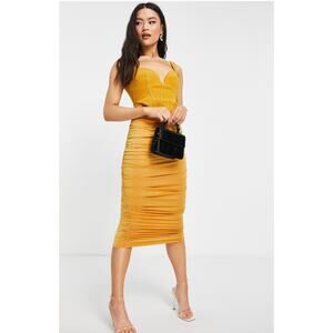 NWOT ASOS DESIGN Corset Bustier Ruched Slinky Midi Dress Mustard Sz 6